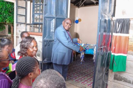 Kibabii University Vice Chancellor Prof. Ipara Odeo (centre) launches the new lactation centre at Kibabii University. PHOTO/KIBU